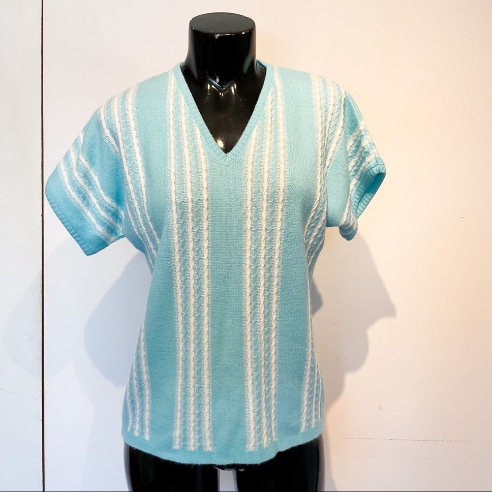 Vintage Glenayr Kitten Sweater Top Robin’s Egg Blue Stripe Small